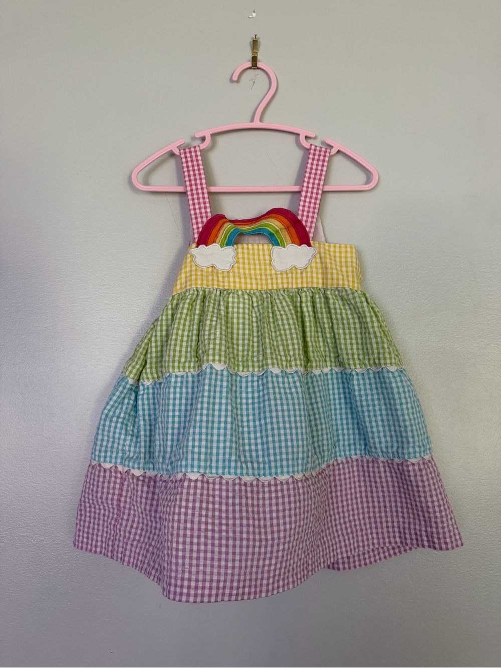 iris & ivy Multicolor Gingham Tiered Dress with Rainbow Patch